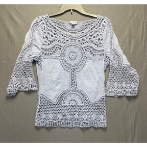 Vicki Wayne blue crochet lace top‎ sz L boho festival romantic festival